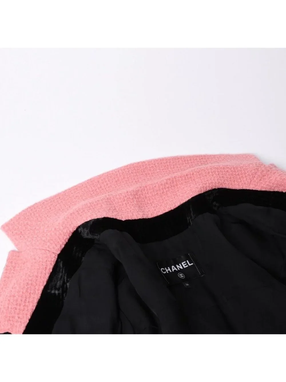 Chanel Long Coat CC Logo Corduroy Tweed Black Pink 36